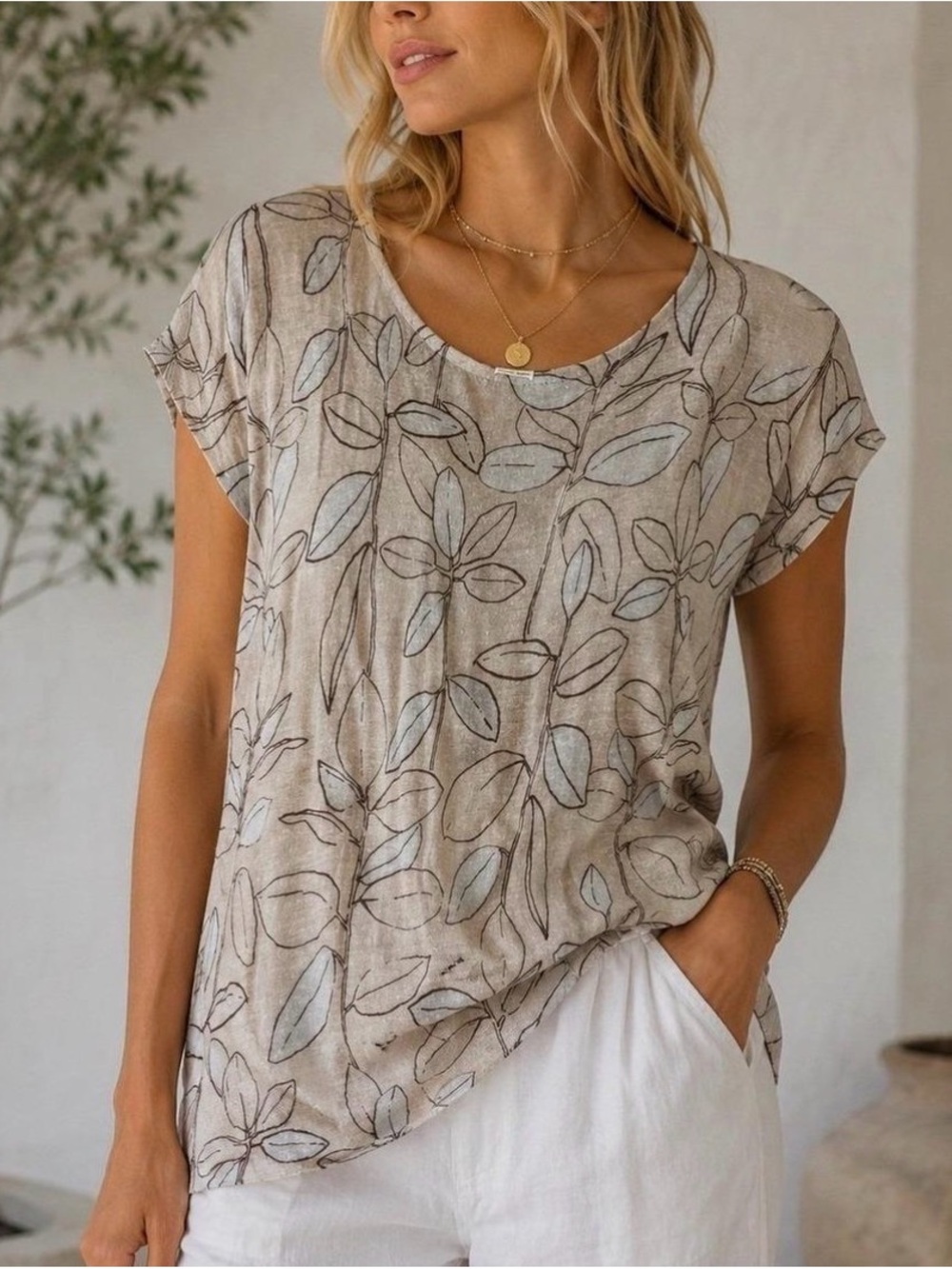 Cynthia Rowley White 100% Linen Causal Coastal Vacation Leaf Top Sz M